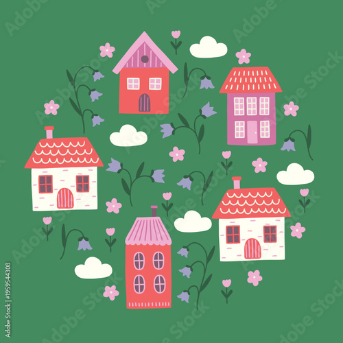 Floral greeting card with houses, clouds and flowers on green background. Circle ornament. Perfect for spring and summer decorations. Vector illustration