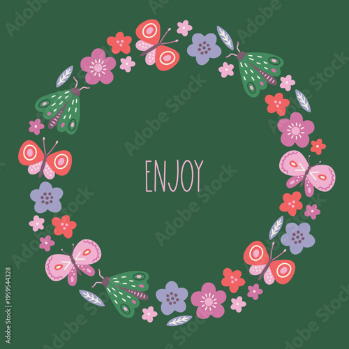 Floral greeting card with flowers, leaves and butterflies on green background. Perfect for seasonal holidays and decorations. Hand drawn frame, spring and summer wreath