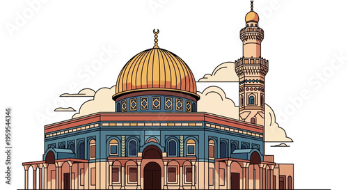 Vibrant vector illustration showcasing an ancient Islamic architectural marvel with a magnificent golden dome and intricate traditional patterns, representing cultural heritage
