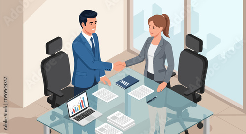 Professional business handshake vector illustration, corporate partners closing deal in office, male and female colleagues shaking hands over glass desk