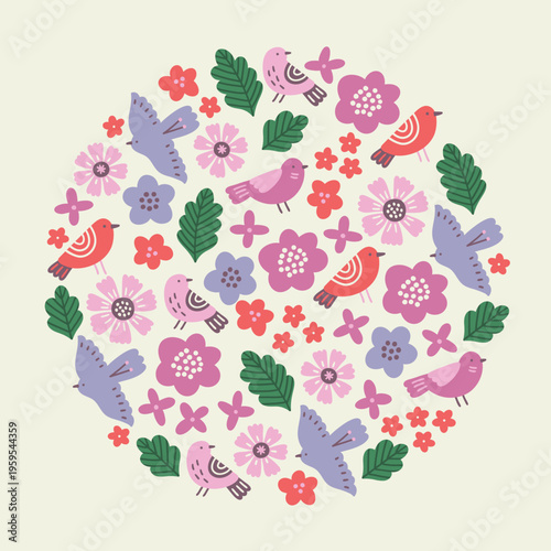 Floral greeting card with birds, flowers and leaves on white background. Circle ornament. Perfect for spring and summer decorations. Vector illustration