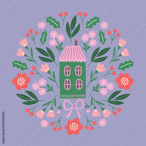 Floral greeting card with house, flowers, berries, leaves and bow on violet background. Circle ornament. Perfect for spring and summer decorations. Vector illustration