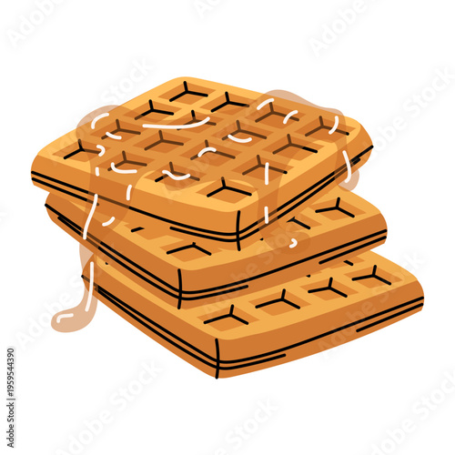 Flat illustration of sweet belgian waffles stack with honey or maple syrup. Delicious breakfast food for cafe menu, bakery website or recipe book. Isolated graphic object on white background.