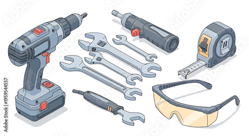 Construction power and hand tools with safety glasses isolated