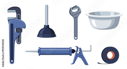Collection of plumbing tools and supplies for home repair