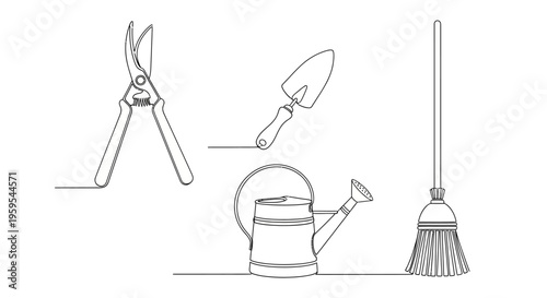 Continuous line drawing of garden tools and equipment