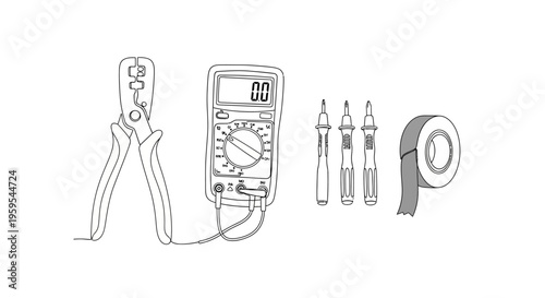 Electrician tools kit with multimeter, pliers, screwdrivers, and tape