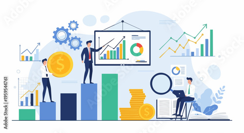 Business data analysis vector illustration, financial growth strategy with professional characters, corporate analytics and market research concept