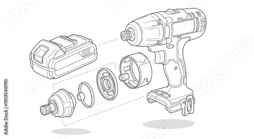 Exploded view of cordless impact driver power tool with battery