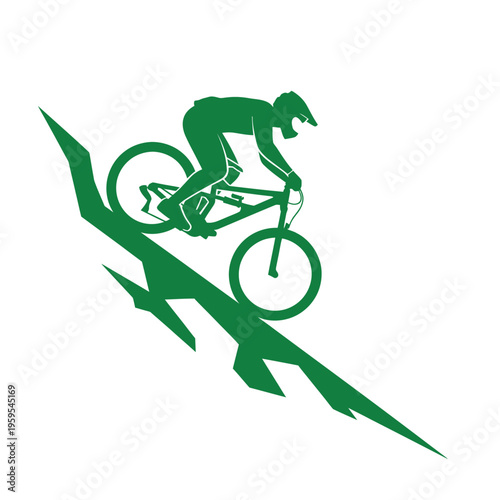 Green mountain biker silhouette riding downhill on abstract trail