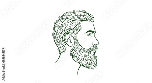 Green leafy hair and beard on man profile illustration