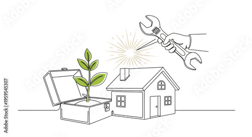 House with plant and wrench for home care and growth.
