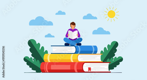 Flat vector illustration of a student reading on a stack of books, educational concept with person studying, learning and literacy background