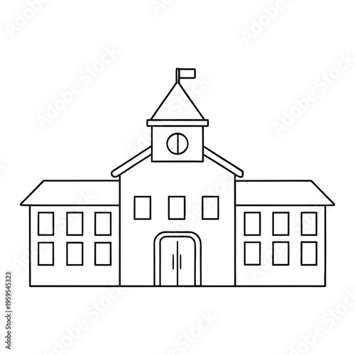 A cheerful cartoon school building with bright walls, big windows, a welcoming entrance, and a playful playground, full of charm and fun for kids to enjoy.

