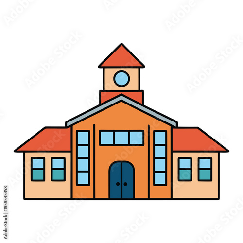 A cheerful cartoon school building with bright walls, big windows, a welcoming entrance, and a playful playground, full of charm and fun for kids to enjoy.
