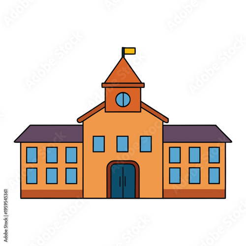 A cheerful cartoon school building with bright walls, big windows, a welcoming entrance, and a playful playground, full of charm and fun for kids to enjoy.
