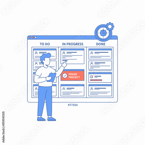 Man standing near a Kanban board with tasks in different stages.