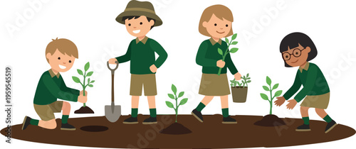 Web Group of School Children Planting Trees in a Garden, Kids Volunteering for Environmental Conservation and Earth Day, Flat Vector Illustration