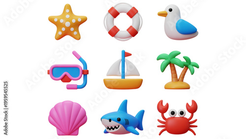 A collection of colorful 3d summer beach vacation icons featuring sea creatures and travel items Vector