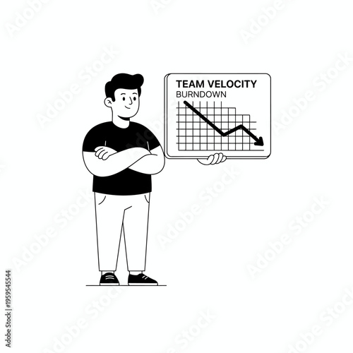 Man Standing Next to Team Velocity Burndown Chart Showing Decline.