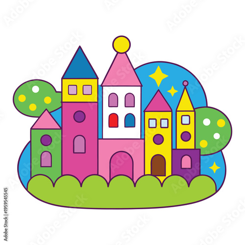 A vibrant cartoon cityscape bursting with bold colors, playful buildings, winding streets, and lively details, creating a cheerful urban scene full of fun, energy, and imagination.
