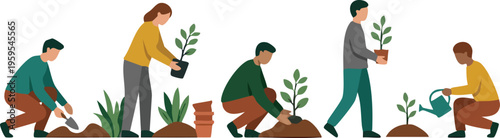 Web Group of People Planting Trees and Gardening, Community Reforestation and Environmental Conservation Concept, Modern Flat Vector Illustration