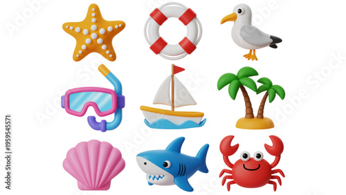 Collection of colorful 3d rendered ocean life and summer vacation themed icons for beach holiday Vector