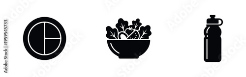 Minimalist black icons representing a healthy lifestyle, featuring a portion control plate, a fresh salad bowl, and a reusable water bottle.
