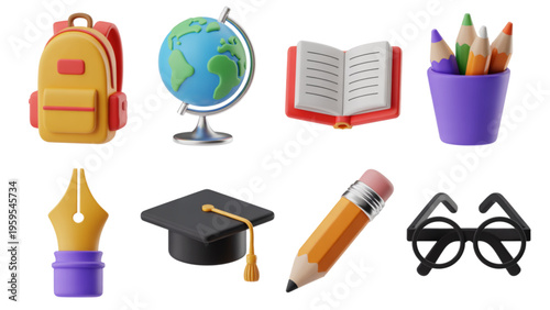 Set of colorful 3d icons representing school supplies and academic learning tools for students Vector