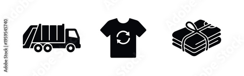 Set of black icons representing textile recycling, featuring a garbage truck, a recycled t-shirt, and a bundle of donated clothing.