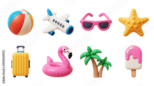 A collection of colorful 3d summer vacation travel and holiday icons for tropical beach adventure Vector