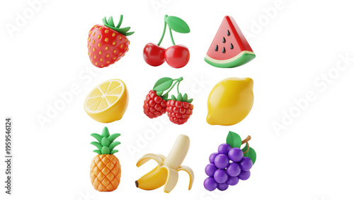 A collection of colorful 3d rendered fruit icons including strawberry cherry watermelon and banana Vector