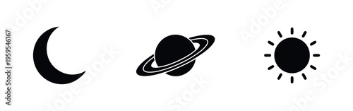 Minimalist black celestial icon set featuring a crescent moon, Saturn with its rings, and a bright sun, isolated on a white background.