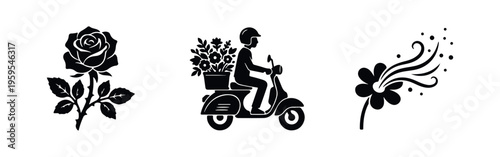Set of three black and white floral icons featuring a detailed rose, a flower delivery scooter, and a stylized blooming blossom with scent swirls.