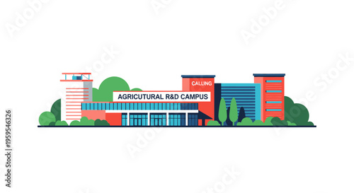 Modern Agricultural R&D Campus Illustration Vibrant Research Building with Trees for Scientific Innovation and Development