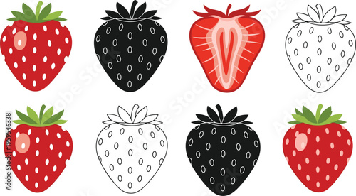 Strawberry icons set with colorful and monochrome variations whole and cut fruit vector illustration fresh berry collection isolated design