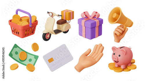 Set of 3d icons representing online shopping and financial services for modern digital commerce Vector