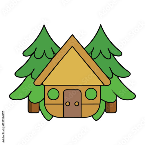 A little forest lodge nestled among tall trees, with rustic wooden walls, soft warm light, and peaceful nature all around—an inviting hideaway perfect for quiet rest and calm.
