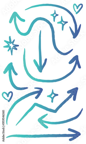 手書きの色々な種類の矢印とライン 落書き ベクター イラスト