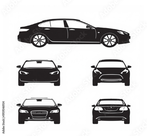 Silhouette of Luxury Sedan: A sleek, black sedan showcased in multiple perspectives, capturing its elegant lines and modern design, perfect for automotive and transport-related visuals. 