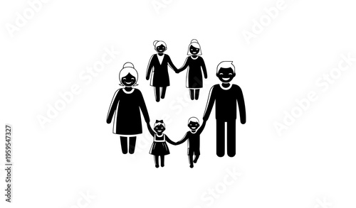 Happy extended family circle silhouette with grandparents parents and children unity concept black and white vector isolated on white background