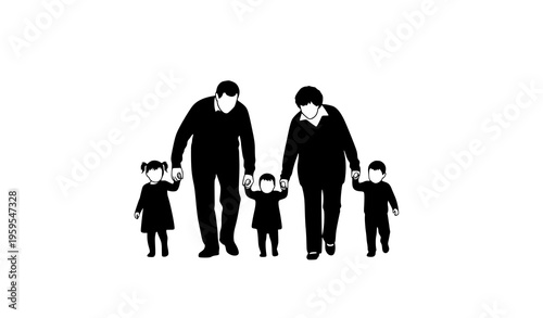 Happy elderly parents walking with children holding hands silhouette baby girl and baby boy black and white vector isolated on white