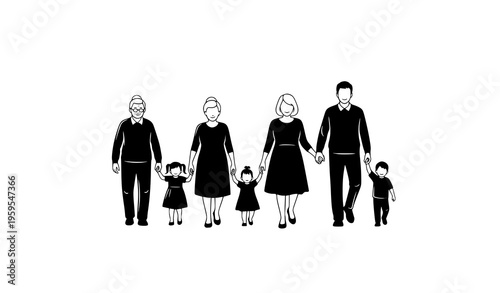 Happy multi generation family walking silhouette with grandparents parents baby girl and baby boy black and white vector isolated on white background