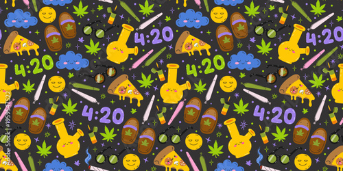 Seamless cannabis pattern with 420 text, marijuana leaves, bong and joint. Hand drawn doodle vector illustration on dark background for textile, wallpaper, wrapping paper and print design