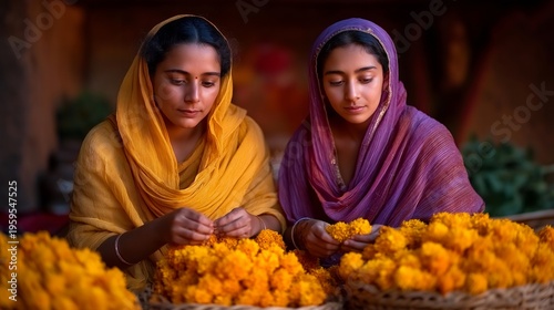 Mother and daughter stringing marigold flowers together for Diwali decoration, sitting on floor with baskets of blooms, traditional saris, ideal for Diwali family celebration preparation, and
