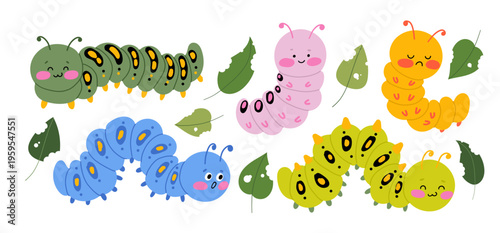Cute caterpillar characters clipart set with green leaves. Hand drawn vector illustration of funny smiling insects for kids nursery decor, stickers, baby shower and spring summer design