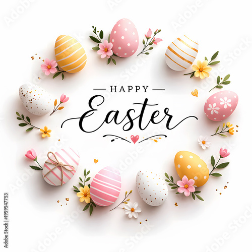 Minimal Easter Greeting Card with Soft Pastel Eggs and Floral Design