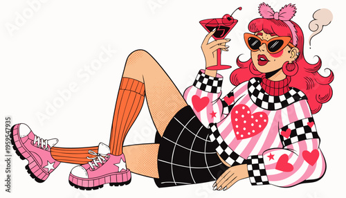 Trendy Pop Art Vector Illustration of a Young Woman with a Cocktail and Heart Pattern Outfit for Fashion Marketing, Social Media Content, and Valentine's Day Promotions