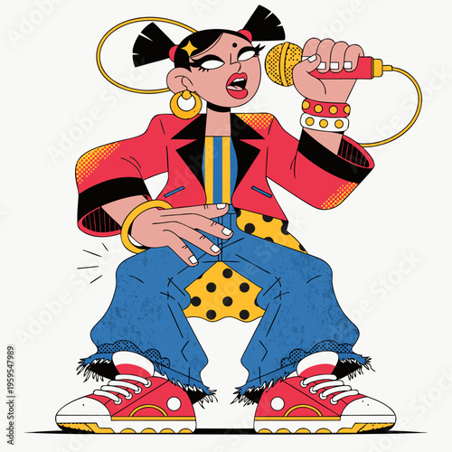 Trendy Vector Illustration of a Young Woman Singing into a Microphone for Music Apps, Karaoke Entertainment, Recording Artist Branding, and Social Media Marketing
