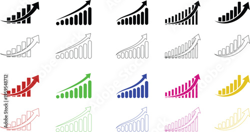 Collection of colorful and monochromatic bar graph icons in various styles